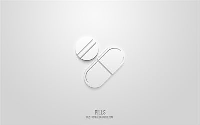 Pills 3d icon, white background, 3d symbols, Pills, Medicine icons, 3d icons, Pills sign, Medicine 3d icons