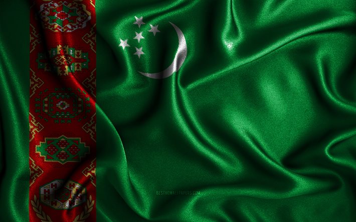 Bandiera turkmena, 4k, bandiere ondulate di seta, paesi asiatici, simboli nazionali, bandiera del Turkmenistan, bandiere in tessuto, arte 3D, Turkmenistan, Asia, bandiera 3D del Turkmenistan