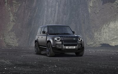 Land Rover Defender, 2022, Front View, Exterior, Matt Black SUV, New Matt Black Defender, British Cars, Land Rover