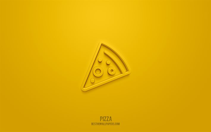 Icona 3d pizza, sfondo giallo, simboli 3d, pizza, icone fast food, icone 3d, segno pizza, icone 3d fast food