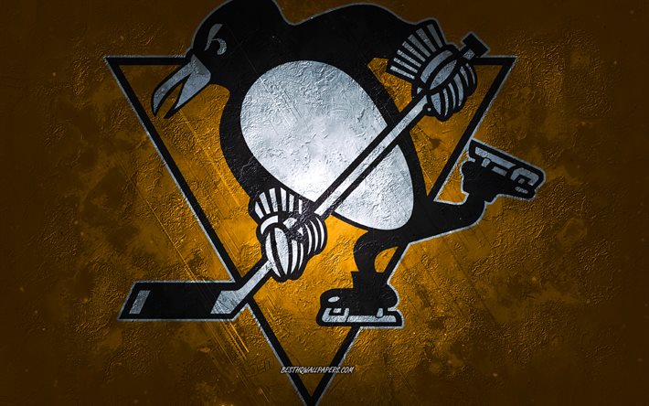 Pittsburgh Penguins, American hockey team, yellow stone background, Pittsburgh Penguins logo, grunge art, NHL, hockey, USA, Pittsburgh Penguins emblem