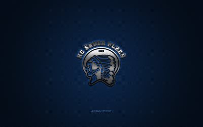 HC Skoda Plzen, Czech ice hockey club, Czech Extraliga, white logo, blue carbon fiber background, ice hockey, Plzen, Czech Republic, HC Skoda Plzen logo