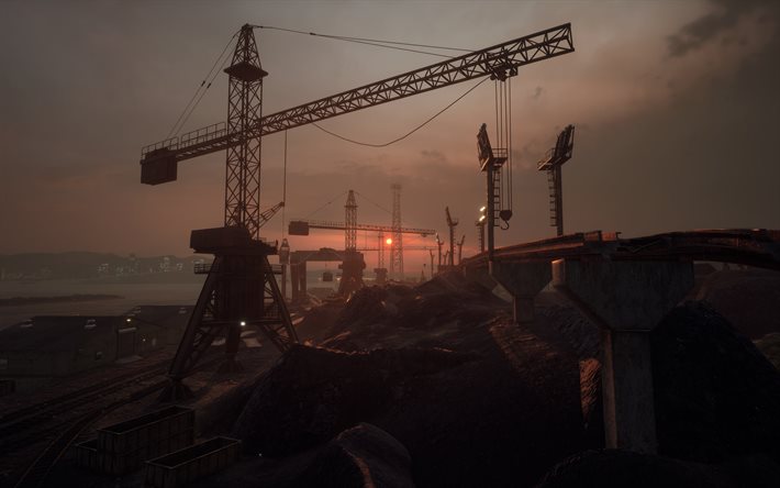 Playerunknowns Battlegrounds, poster, game landscape, construction crane, evening, sunset