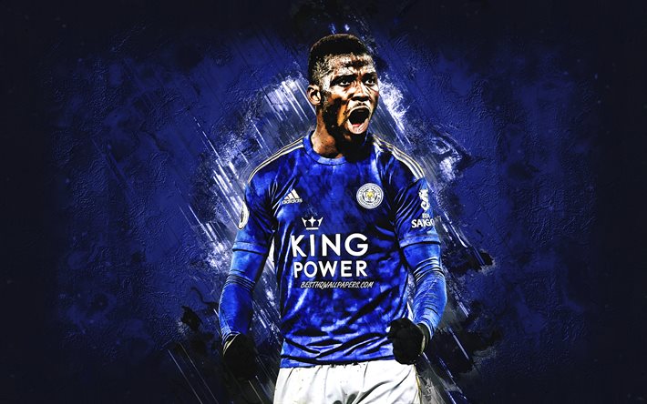 Kelechi Iheanacho, Leicester City FC, Nigerian footballer, portrait, blue stone background, soccer, Premier League