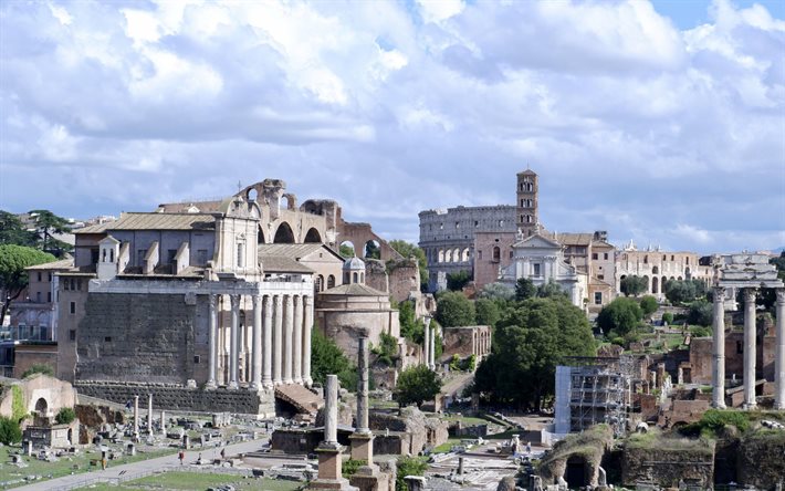 Roman Forum, Rome, Temple of Saturn, Colosseum, ruins, landmark, Rome cityscape, Italy