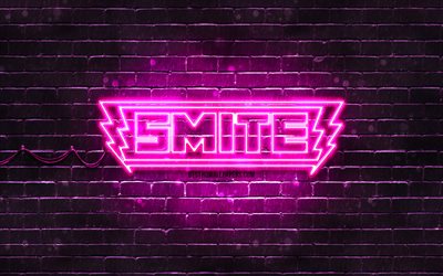 Smite logo violet, 4k, mur de briques violet, logo Smite, cr&#233;atif, logo n&#233;on Smite, MOBA, Smite