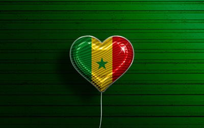 セネガルが大好き, 4k, リアルな風船, 緑の木製の背景, アフリカ諸国, セネガルの旗の心, 好きな国, セネガルの旗, フラグ付きバルーン, セネガル