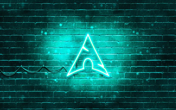 Logo turchese di Arch Linux, 4k, sistema operativo, muro di mattoni turchese, logo di Arch Linux, Linux, logo al neon di Arch Linux, Arch Linux