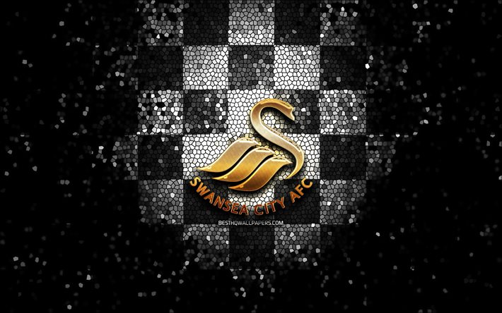 Swansea City FC, logo de paillettes, championnat EFL, fond quadrill&#233; blanc noir, football, club de football anglais, logo de Swansea City, art de la mosa&#239;que, Swansea City AFC
