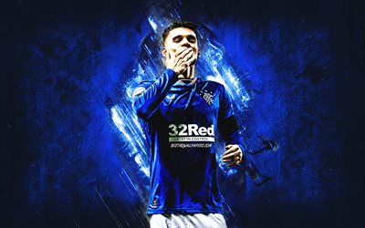 Ianis Hagi, Rangers FC, calciatore rumeno, centrocampista, ritratto, sfondo di pietra blu