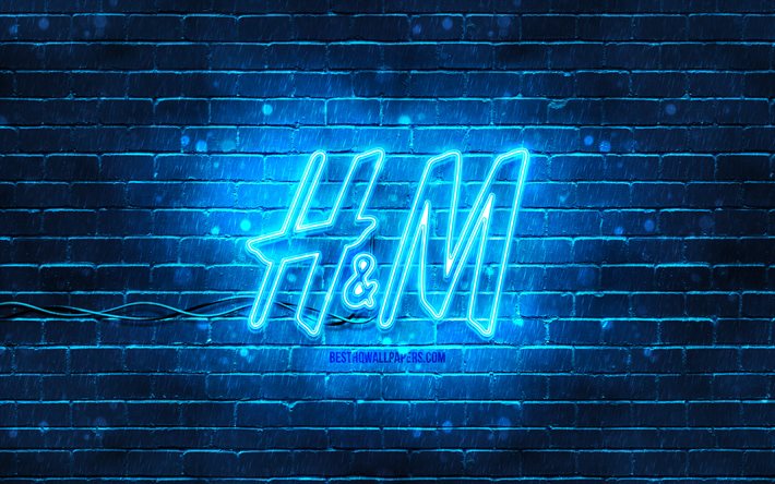 H and M blue logo, 4k, blue brickwall, H and M logo, fashion brands, H and M neon logo, H and M