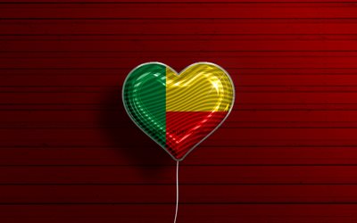 I Love Benin, 4k, realistic balloons, red wooden background, African countries, Benin flag heart, favorite countries, flag of Benin, balloon with flag, Benin flag, Burundi, Love Benin