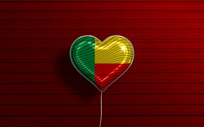 Benin&#39;i seviyorum, 4k, ger&#231;ek&#231;i balonlar, kırmızı ahşap arka plan, Afrika &#252;lkeleri, Benin bayrak kalbi, favori &#252;lkeler, Benin bayrağı, bayraklı balon, Burundi, Aşk Benin