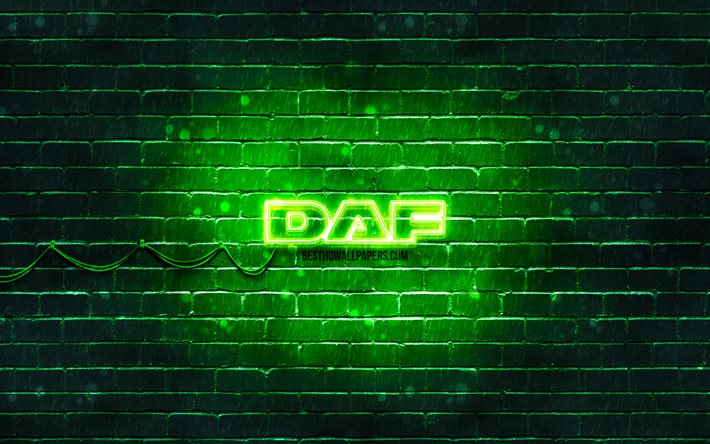 Logo verde DAF, 4k, muro di mattoni verde, logo DAF, marchi automobilistici, logo DAF neon, DAF