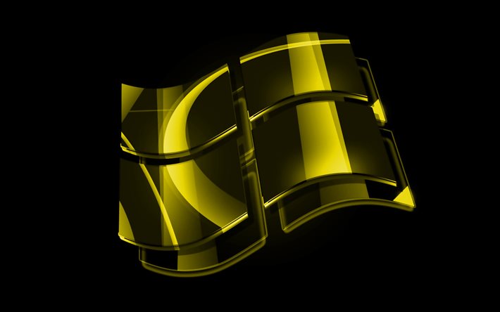 Windows sarı logosu, 4k, işletim sistemi, yaratıcı, siyah arka plan, Windows, Windows 3D logosu