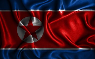 Pohjois-Korean lippu, 4k, aaltoilevat silkkiliput, Aasian maat, kansalliset symbolit, kangasliput, 3D-taide, Pohjois-Korea, Aasia, Pohjois-Korea 3D-lippu