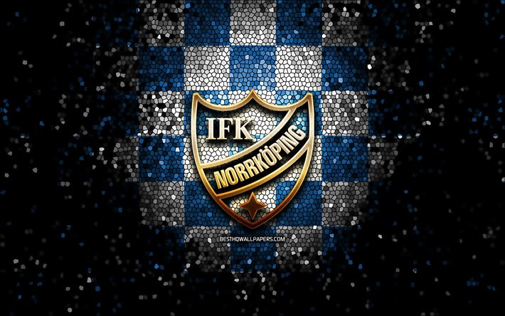 Norrkoping FC, logotipo brilhante, Allsvenskan, fundo xadrez branco azul, futebol, clube de futebol sueco, logotipo Norrkoping, arte em mosaico, IFK Norrkoping