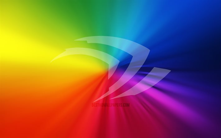 Logo Nvidia, 4k, vortice, marchi, sfondi arcobaleno, creativit&#224;, grafica, Nvidia
