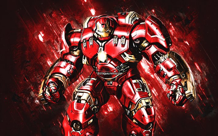 Hulkbuster, Iron Man zırhı, S&#252;per kahraman, kırmızı taş arka plan, yaratıcı sanat, Demir Adam, Demir Adam kıyafeti