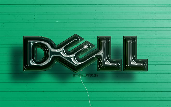 Dell 3D logo, 4K, dark green realistic balloons, Dell logo, green wooden backgrounds, Dell