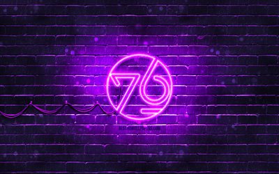 System76 violet logo, 4k, violet brickwall, Linux, System76 logo, OS, System76 neon logo, System76