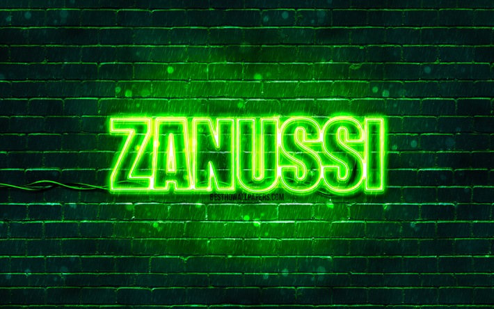 Logo Zanussi verde, 4k, muro di mattoni verde, logo Zanussi, marchi, logo Zanussi neon, Zanussi