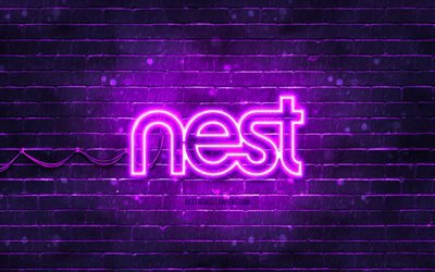 Google Nest violet logo, 4k, violet brickwall, Google Nest logo, brands, Google Nest neon logo, Google Nest