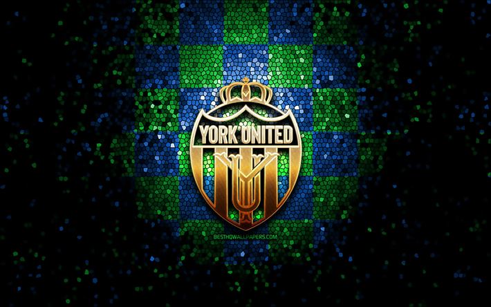 York United FC, glitter logotipo, Canadian Premier League, azul de fundo verde, futebol, clube de futebol canadense, York United logotipo, arte em mosaico, FC York United