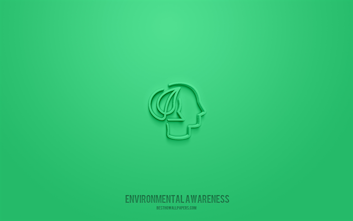 الوعي البيئي رمز 3D, خلفية خضراء, رموز ثلاثية الأبعاد, الوعي البيئي, أيقونات البيئة, أيقونات ثلاثية الأبعاد, علم البيئة 3d الرموز
