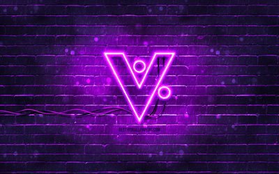 VeriCoin logo viola, 4k, muro di mattoni viola, logo VeriCoin, criptovaluta, logo neon VeriCoin, VeriCoin