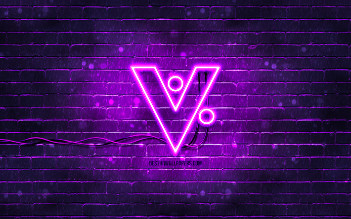 violettes vericoin-logo, 4k, violette ziegelwand, vericoin-logo, kryptow&#228;hrung, vericoin-neon-logo, vericoin