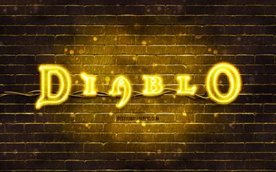 Diablo yellow logo, 4k, yellow brickwall, Diablo logo, games brands, Diablo neon logo, Diablo