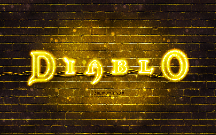 Logo Diablo giallo, 4k, muro di mattoni gialli, logo Diablo, marchi di giochi, logo al neon Diablo, Diablo