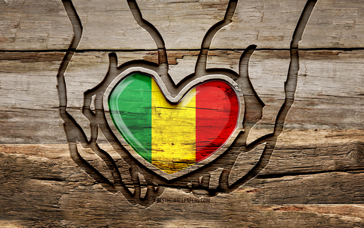 I love Mali, 4K, wooden carving hands, Day of Mali, Mali flag, Flag of Mali, Take care Mali, creative, Mali flag in hand, wood carving, african countries, Mali