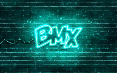 BMX logo turchese, 4k, muro di mattoni turchese, logo BMX, marchi, logo BMX neon, BMX