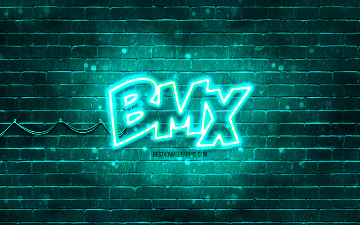 BMX turquoise logo, 4k, turquoise brickwall, BMX logo, brands, BMX neon logo, BMX