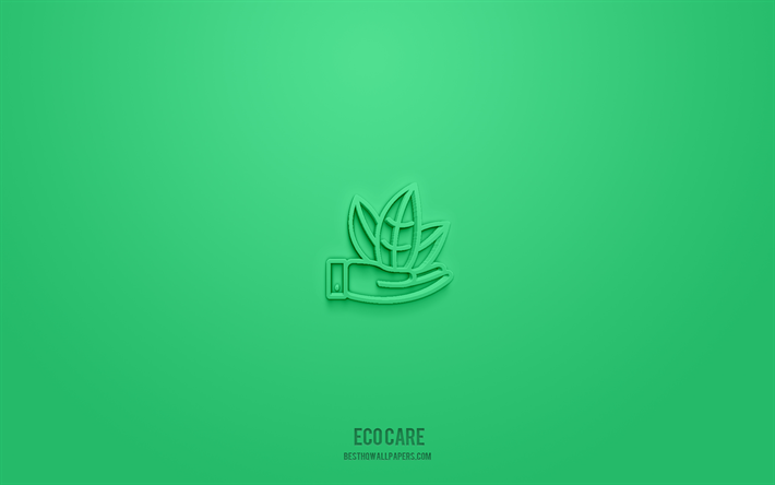 Eco Care 3d simgesi, yeşil arka plan, 3d semboller, Eco Care, ekoloji simgeleri, 3d simgeler, Eco Care işareti, ekoloji 3d simgeler