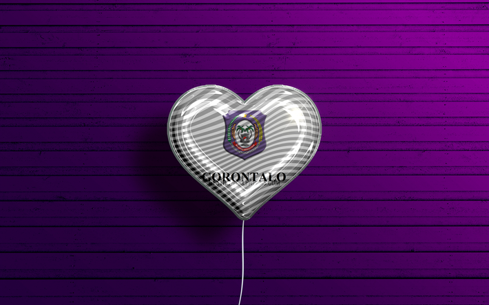 I Love Gorontalo, 4k, realistiset ilmapallot, violetti puinen tausta, Gorontalon p&#228;iv&#228;, Indonesian maakunnat, Gorontalon lippu, Indonesia, ilmapallo lipulla, Gorontalo