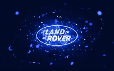 Land Rover dark blue logo, 4k, dark blue neon lights, creative, dark blue abstract background, Land Rover logo, cars brands, Land Rover
