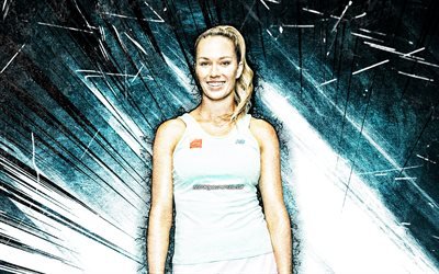 4k, Danielle Collins, grunge sanat, Amerikalı tenis&#231;iler, WTA, mavi soyut ışınları, tenis, fan sanat, Danielle Collins 4K