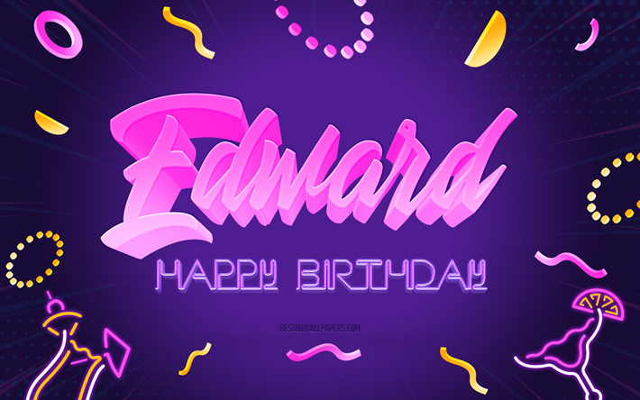 お誕生日おめでとうエドワード, 4k, 紫のパーティーの背景, エドワード, クリエイティブアート, エドワードお誕生日おめでとう, エドワードの名前, エドワードの誕生日, 誕生日パーティーの背景