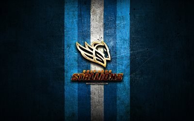 Salt Lake Stallions, golden logo, AAF, blue metal background, american football team, Salt Lake Stallions logo, american football