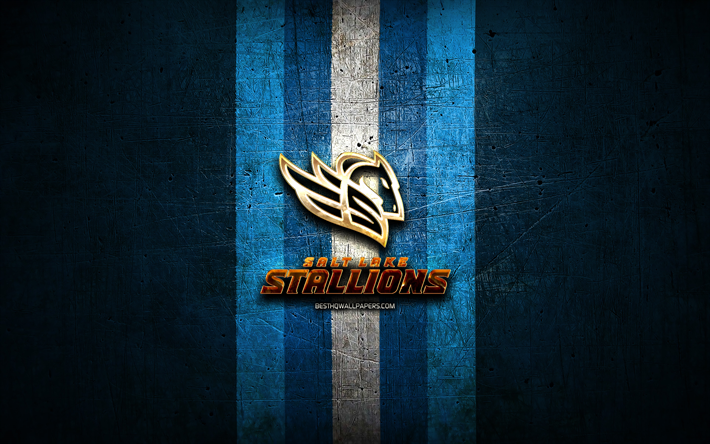 Salt Lake Stallions, logotipo dourado, AAF, metal azul de fundo, time de futebol americano, Salt Lake Stallions logotipo, futebol americano
