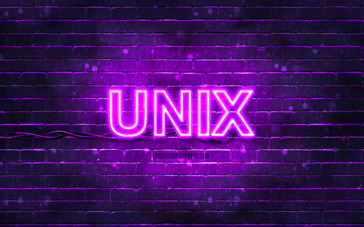 violettes unix-logo, 4k, violette ziegelwand, unix-logo, betriebssysteme, unix-neon-logo, unix