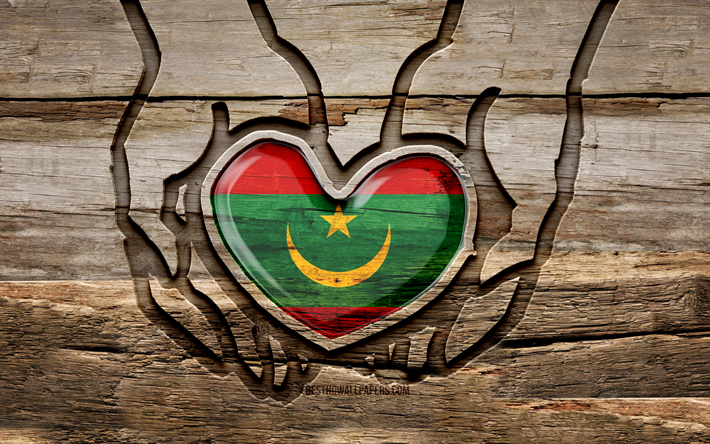 J&#39;aime la Mauritanie, 4K, la sculpture en bois des mains, le Jour de la Mauritanie, le drapeau mauritanien, le Drapeau de la Mauritanie, Prenez soin de la Mauritanie, cr&#233;atif, le drapeau mauritanien &#224; la main, la sculpture sur bois, les pays