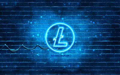 ライトコインブルーのロゴ, 4k, 青いレンガの壁, ライトコインのロゴ, 仮想通貨, ライトコインネオンロゴ, Litecoin
