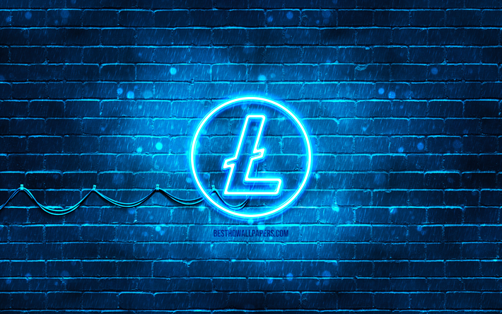 ライトコインブルーのロゴ, 4k, 青いレンガの壁, ライトコインのロゴ, 仮想通貨, ライトコインネオンロゴ, Litecoin