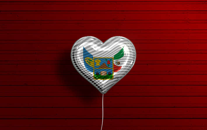 J&#39;aime Hidalgo, 4k, des ballons r&#233;alistes, un fond en bois rouge, le Jour d&#39;Hidalgo, les &#233;tats mexicains, le drapeau d&#39;Hidalgo, le Mexique, le ballon avec le drapeau, les &#201;tats du Mexique, Hidalgo