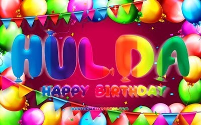 Happy Birthday Hulda, 4k, colorful balloon frame, Hulda name, purple background, Hulda Happy Birthday, Hulda Birthday, popular german female names, Birthday concept, Hulda