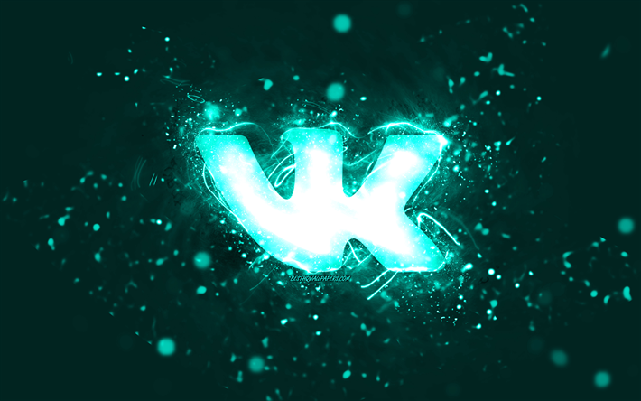 Logo turchese VKontakte, 4k, luci al neon turchesi, creativo, sfondo astratto turchese, logo VKontakte, social network, VKontakte